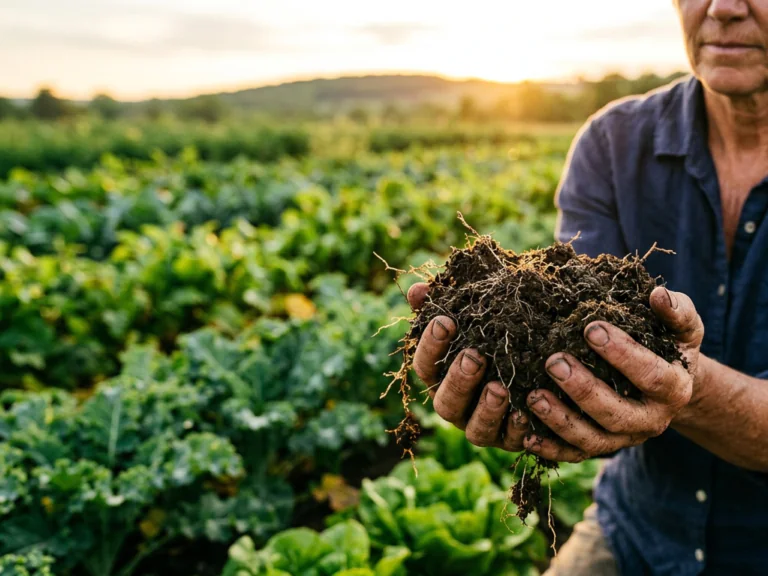An editorial photograph of a farmer’s hands gently cradling a clump of dark, rich, moist organic soil filled with fine plant roots and earth texture. The scene is set in a thriving green agricultural field during golden hour, with warm sunlight filtering across lush, healthy crops stretching toward the horizon under a soft, clear sky. Deep focus on the rich, fertile earth in the hands, emphasizing sustainability, soil vitality, and modern ecological farming. Soft blur in the background, warm natural color palette with rich earthy brown tones and vibrant vibrant foliage.